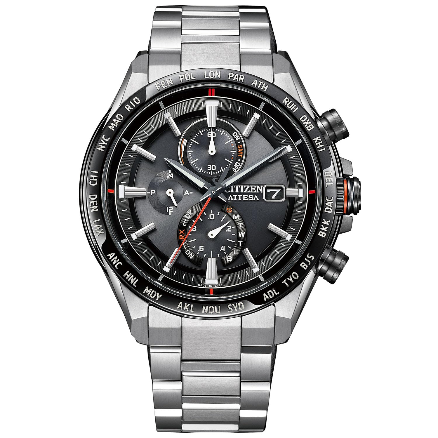 

[Citizen] Atessa Eco-Drive Радіогодинник водонепроникний чорний AT8189-61E чоловічий сріблястий