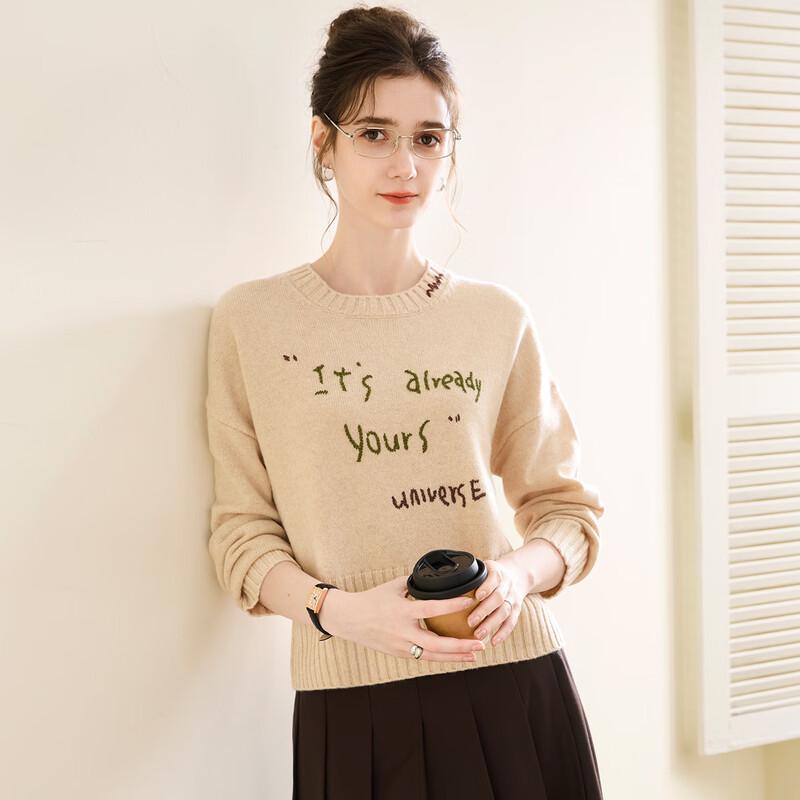 TUHUANG Women's Pure Wool Letter Embroidered Round Neck Sweater