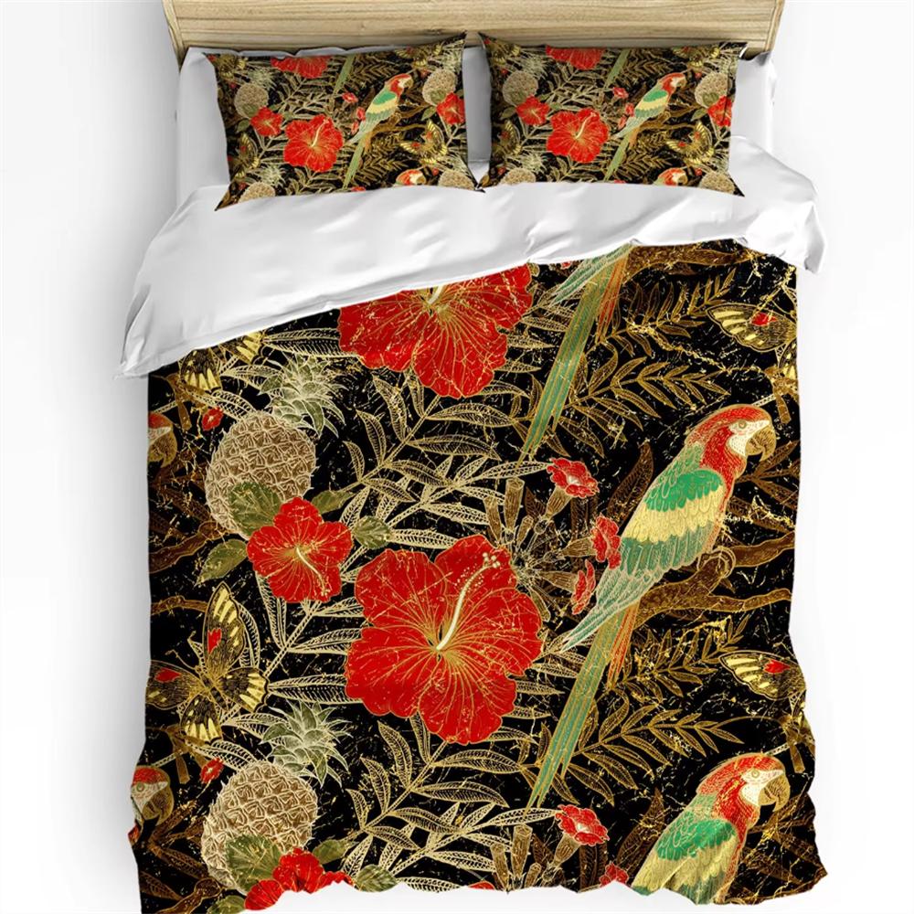 Parrot King Queen Bedding Set Cute Birds Colourful Feather Duvet Cover Tropical Flowers Comforter Cover Polyester Quilt Cover