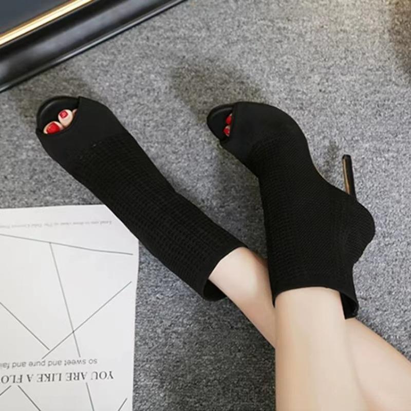 Neue Peeptoe-Ankle-Boots aus Stretchmaterial, atmungsaktiv, sexy für Pole Dance, mit hohem Absatz