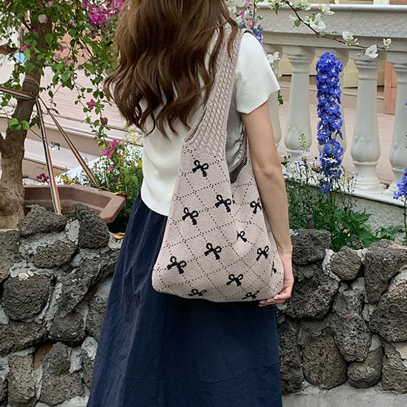 Women Knitting Shoulder Bag Large Capacity Crochet Grocery Bag Contrast Color Travel Shopping Handbag Ladies Daily Handbag