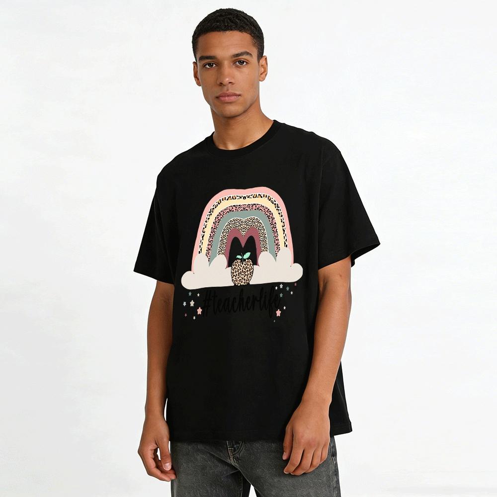 Leopard Rainbow Apple Teacher Life Graphic Casual Top Pure cotton T-shirt