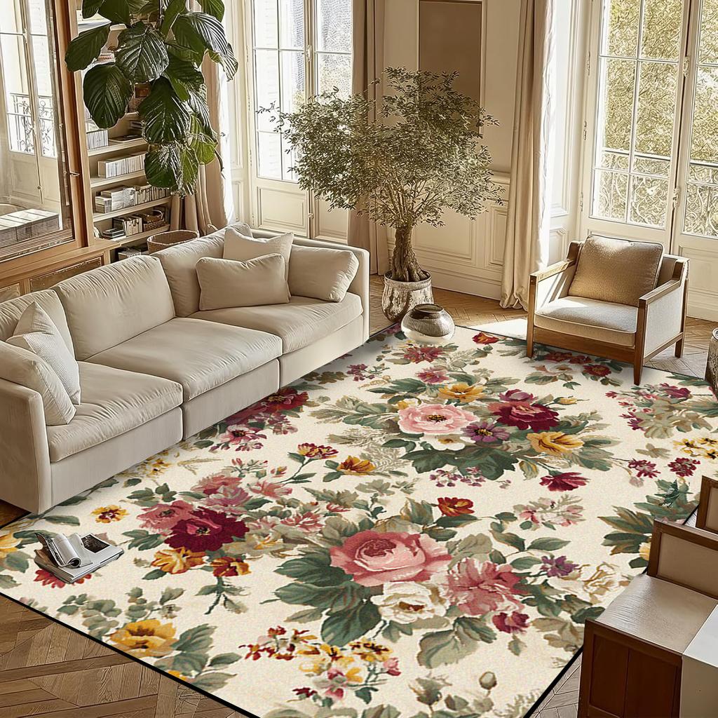 Retro Flower Living Room Carpet Non-slip Machine Washable Soft Floor Mat Nordic Style Plant Rugs Large Size Home Decoration Mats