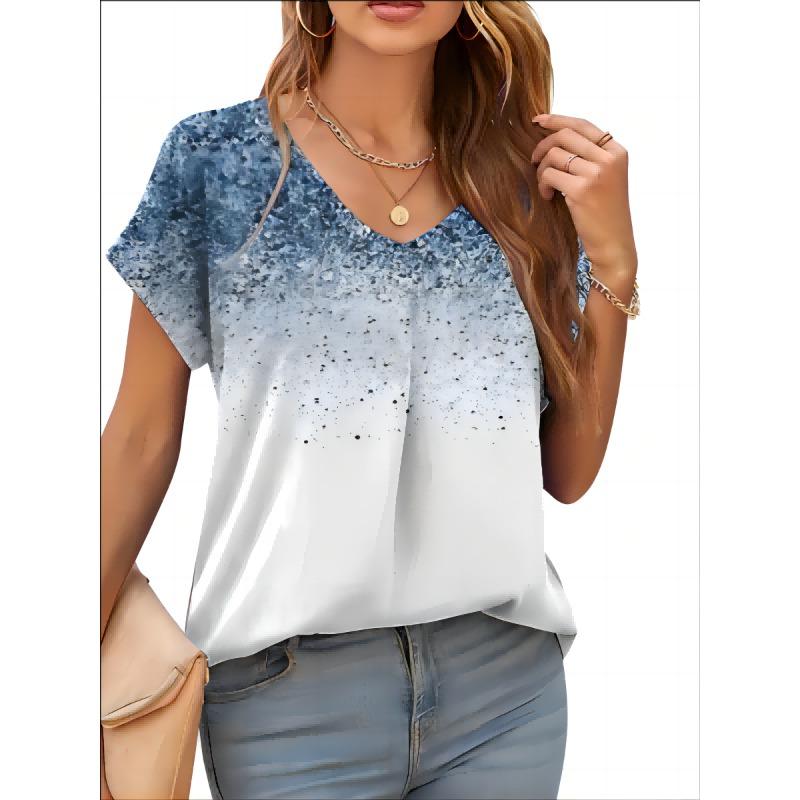 2026 New Summer Women T-shirt 3d Fashion Print Gradient Harajuku T Shirt Oversized Tee For Ladies Clothing New Short Sleeve V-Ne