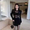 Fashion Sexy Spice Girls Black Mesh Long Sleeve Dress Women's Spring New Slim and Skinny Buttocks Short Skirt