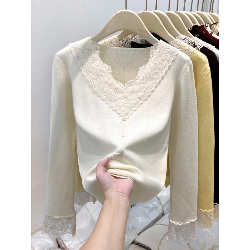 Design lace collar knitted bottoming shirt women's spring button-up top soft waxy sweater