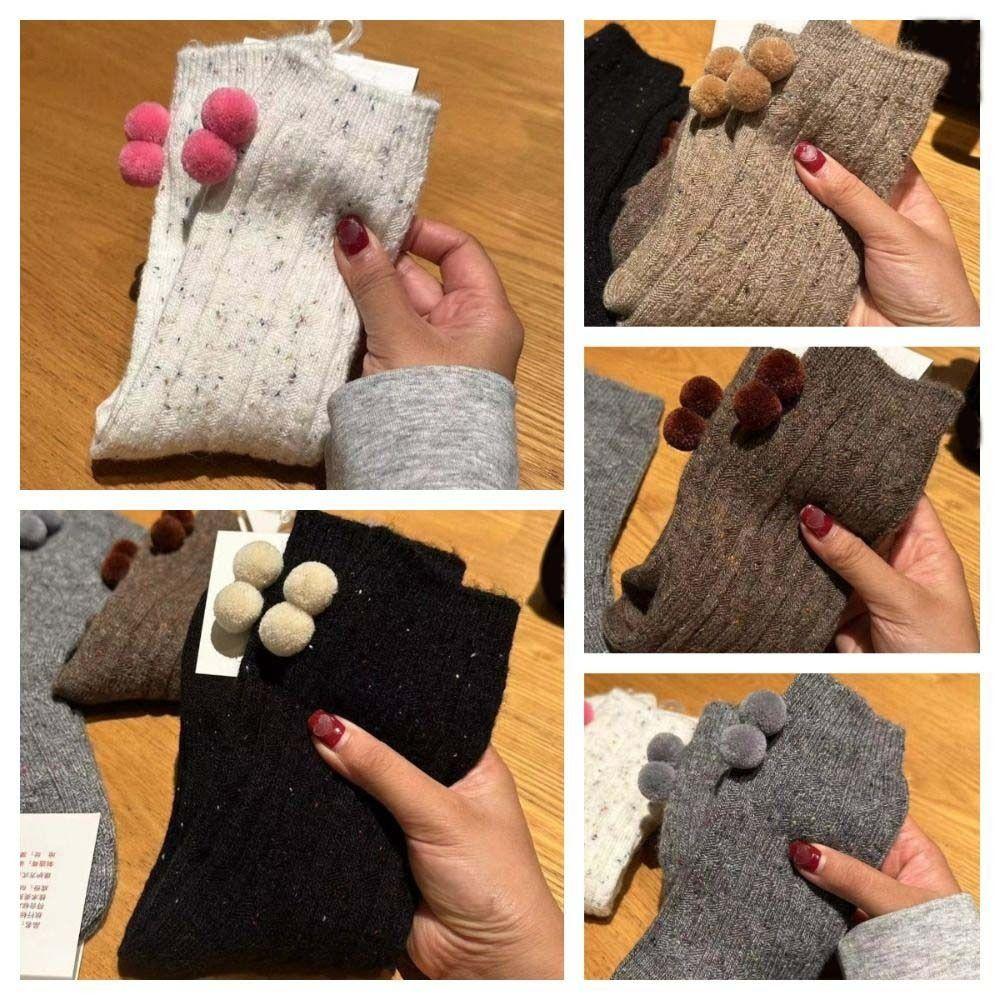 Plush Ball Mid Tube Socks Thick Warm Knit Socks Women Cute Wool Mid-Calf Socks  Girls