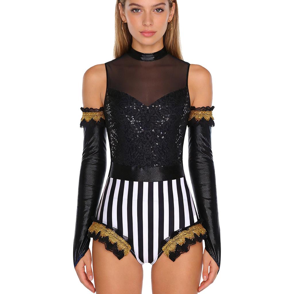 Adult Circus Ringmaster Bodysuit Sequined Patchwork Ruffled Hem Leotard and Metallic Gloves for Halloween Dress Up Party