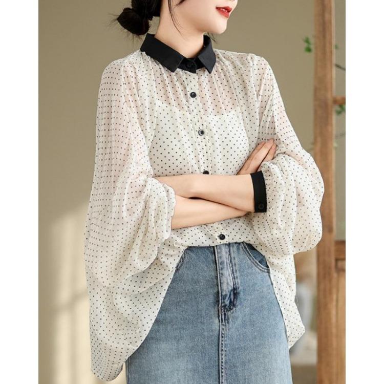 Neue Weiße Chiffonbluse Fledermausärmel Gepunktet Frühling Sommer Mode Oberteile Lockere T-Shirts Damenhemd