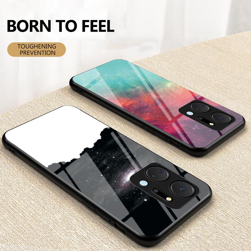 Mobile Phone Case for Honor X7a 5G,Starry Sky Pattern Tempered Glass+PC+TPU Smartphone Cover