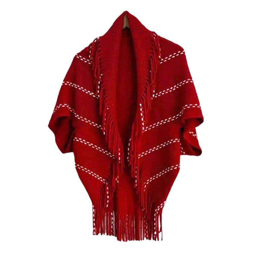 New Fringe Women s Shawl V-neck Mid-Length Knit Shawl Loose Fit Soft Cloak Scarves Spring Autumn красный