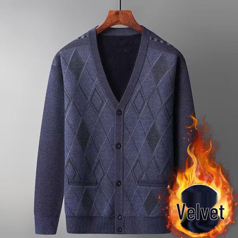Men's V-Neck Knit Cardigan Sweater: Autumn-Winter Plus Velvet, Thickened, Loose Fit for Middle-aged & Elderly