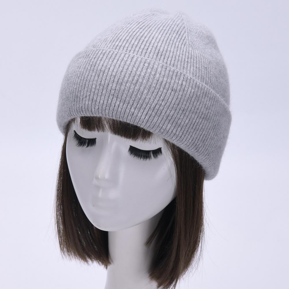 Striped hat men's and women's double-layer folded edge solid color rabbit plush wool hat casual versatile knitted hat to keep warm autumn and winter