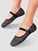 Women's Black Square Toe Ballet Mary Jane Flats with Cross Pattern Embroidery Detail and Black Buckle Strap