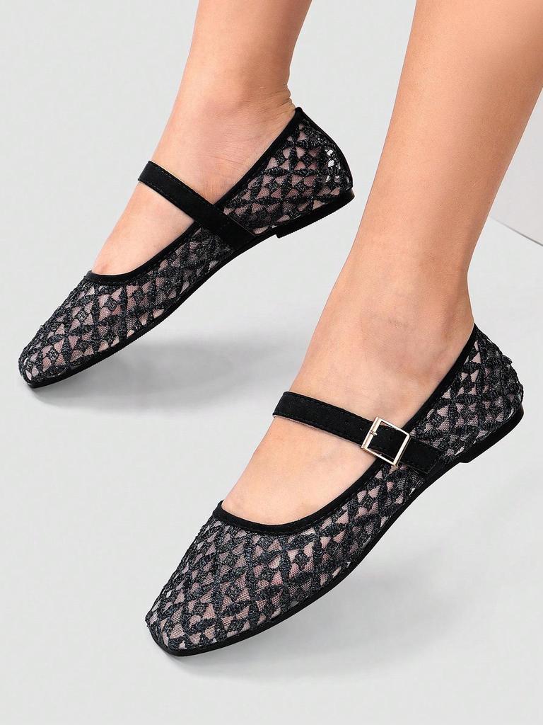 Women's Black Square Toe Ballet Mary Jane Flats with Cross Pattern Embroidery Detail and Black Buckle Strap