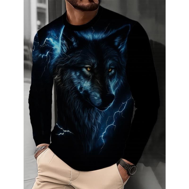 Men's Round Neck Long Sleeve Wolf Howling Print Top Trendy Moonlit Wolf Pack Pattern Casual Sweatshirt Spring Autumn Fashion Animal Print Pullover,