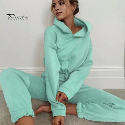 2 Pcs/Set Women Top Pants Set Hooded Long Sleeve Drawstring Hem Hoodie Stretchy High Waist Ankle-banded Trousers Sport Fitness Tracksuit