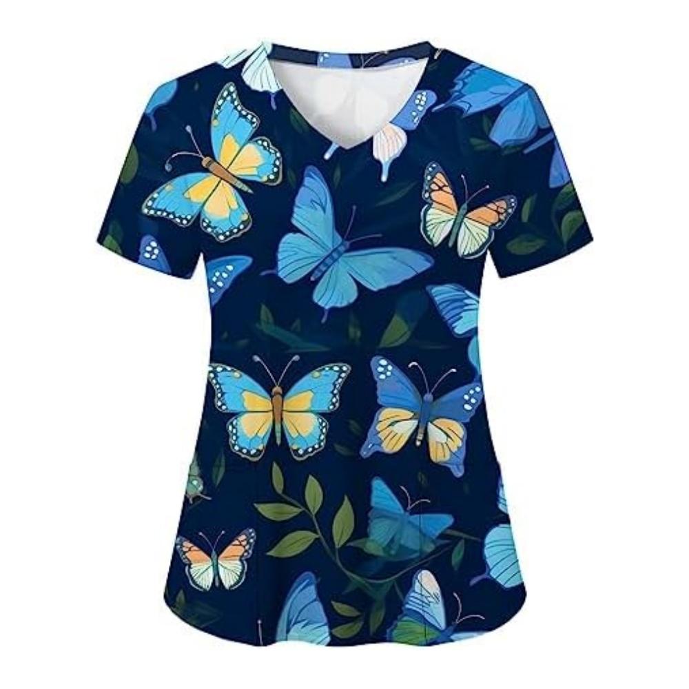 Clinical Uniform Woman Elegant Butterfly Print Summer Microelastic V-Neck Health Care Fashion Short Sleeve Tops Medical Clothes