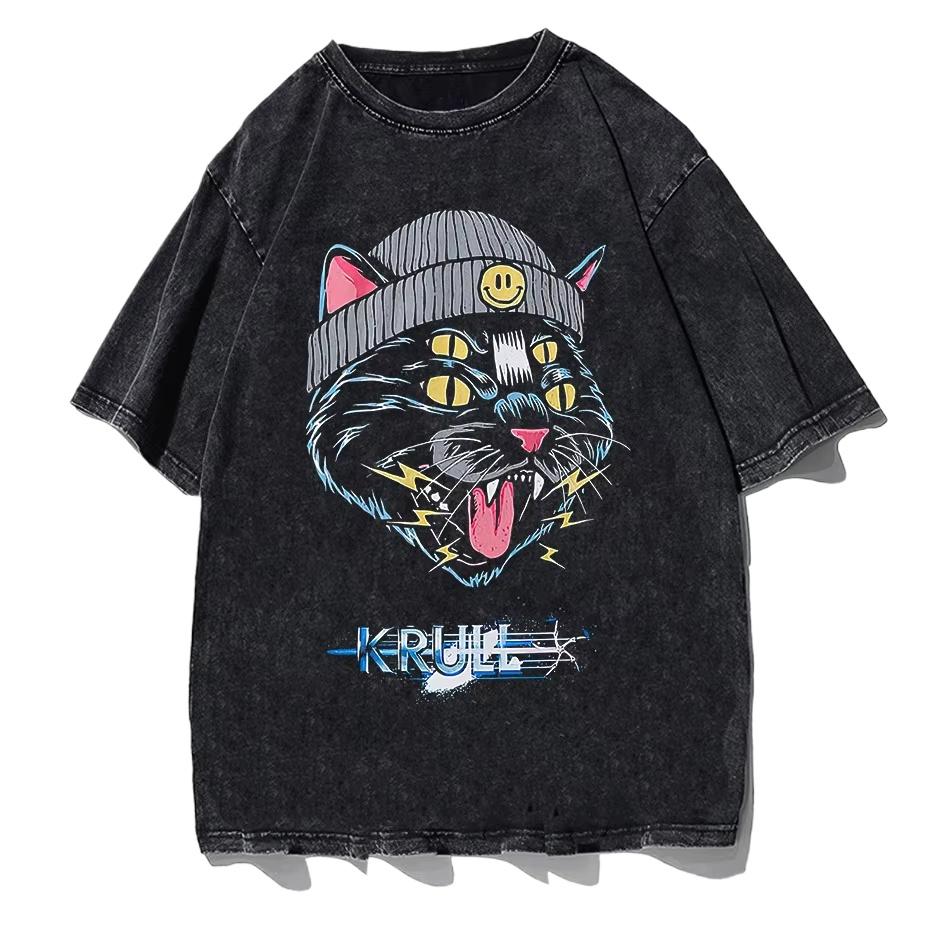 

Oversized Tshirt Streetwear Cat Graphic Print Punk Gothic T-Shirt Men 2023 Casual Washed Tee Shirts Harajuku Cotton Tops 3XL