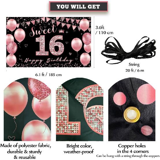 Vicycaty Sweet 16 Birthday Decorations - Backdrop Banner, Happy 16th Party Decor for Girls, Rose Gold Pink Sixteen Yard Sign, Photo Props for Outdoor