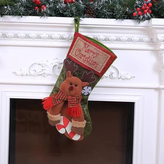 18" Christmas Stocking 3D Plush Santa Snowman Reindeer Design Hanging Burlap Stocking for Farmhouse Holiday Decor