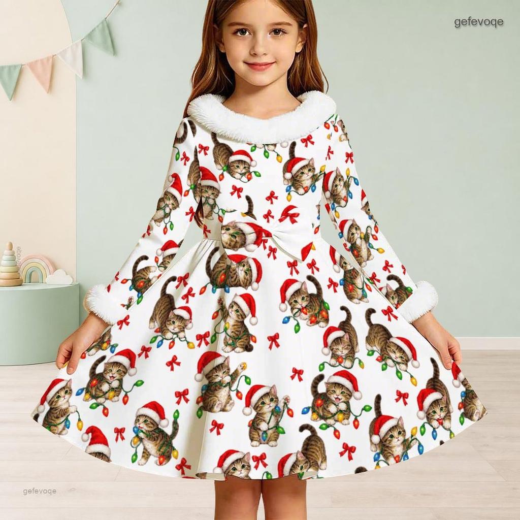 Kids Long Sleeve Christmas Dress, Fall Maple Leaf Print Faux Fur Collar Bow Decor Princess Dresses for Girl Holiday Party Wear