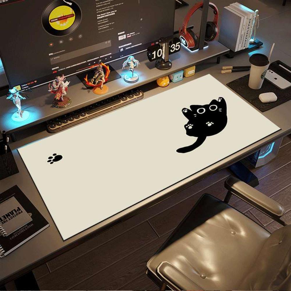 Large Gaming Mouse Pad with Antislip Base and Stitched Edges Minimalist Black Cat Print Desk Mat for PC Laptop Gaming