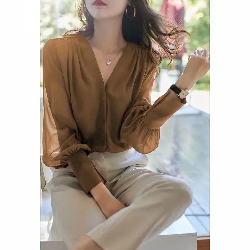 Women's Clothing Chiffon Blouse Spring Fall V-Neck Long Sleeve Slim Fit Retro Minimalist Elegant Feminine Office Chic Solid