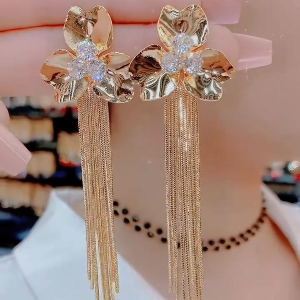 New European And American Style High End Rhinestone Flower Tassel Earrings For Women Statement Luxury Drop Earrings