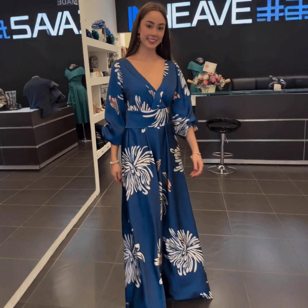 European and American Women's Clothing New Fashion Printed Bubble Sleeves V-neck INS Style Casual Pendulum Dress Long Dress