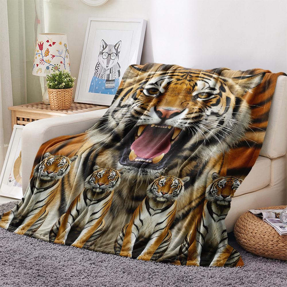 1Pc Tiger Lion Print Flannel Blanket, High Quality Comfortable for All Seasons, Home Decor, Warmth and Comfort, Perfect for Gifts
