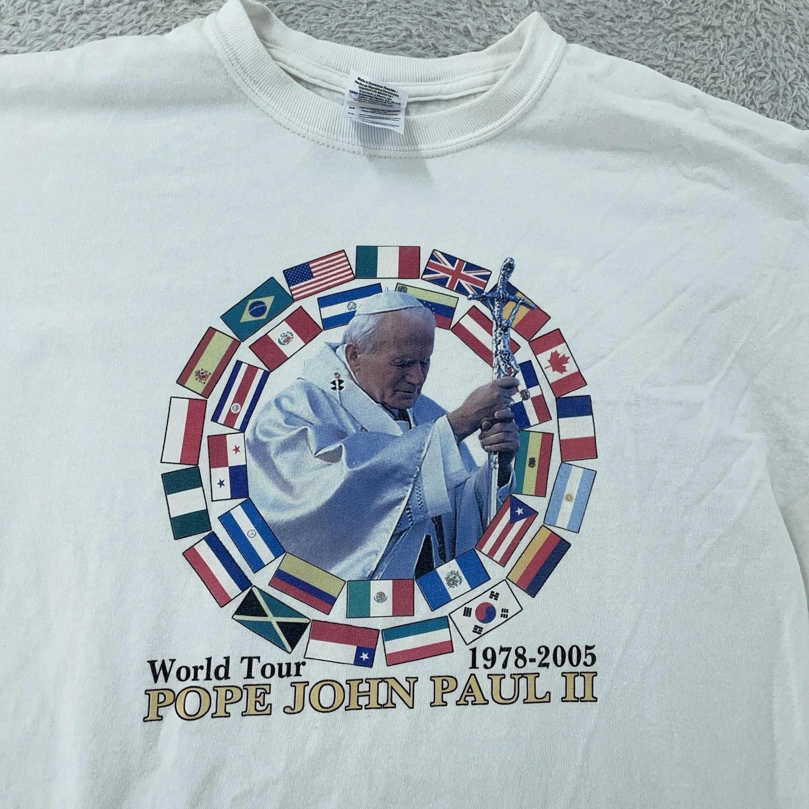 

Vintage Pope John Paul II Shirt Mens Small White World Tour 1978-2005 Flags 90s S