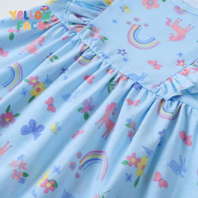 Unicorn Princess Dress: Stylish Long-Sleeve Round Neck for Girls Aged 3-8, Perfect for Spring and Autumn.