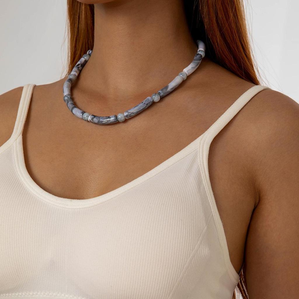 Bohemian Style Acrylic Shaped Bead Necklace Beach Style Round Bead Bamboo Knot Mixed Necklace Candy Color Blocked Necklace