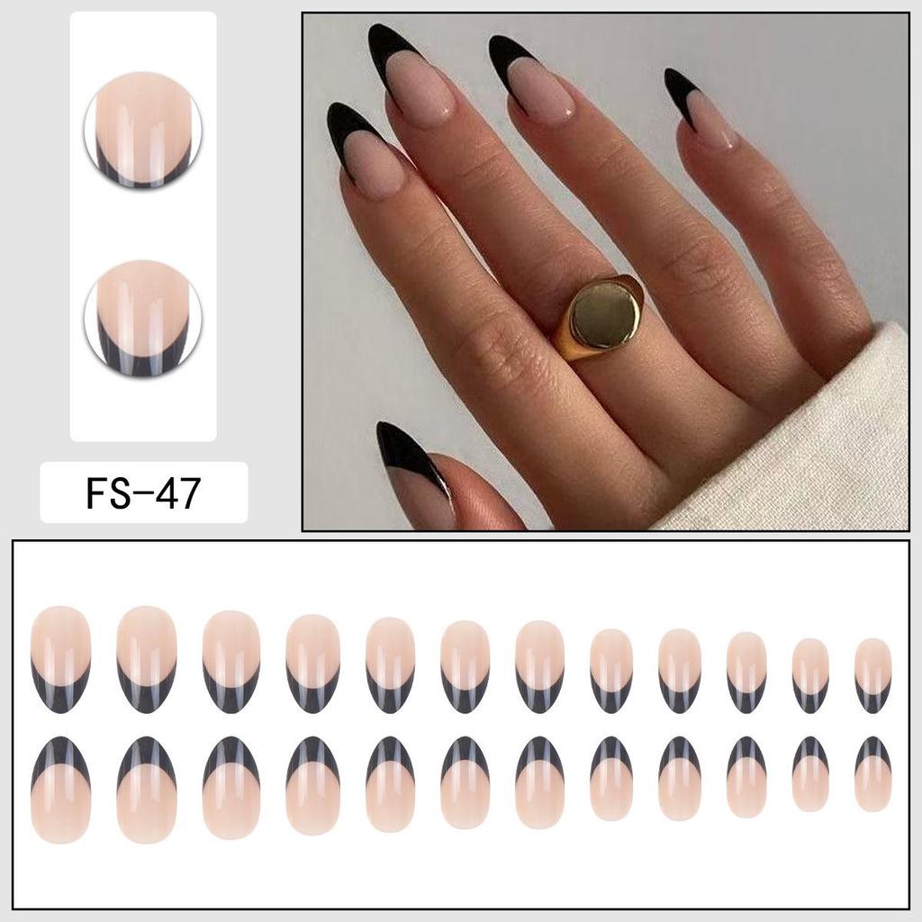 New Black Almond Shape Wearable Nail Tips - French & American Style