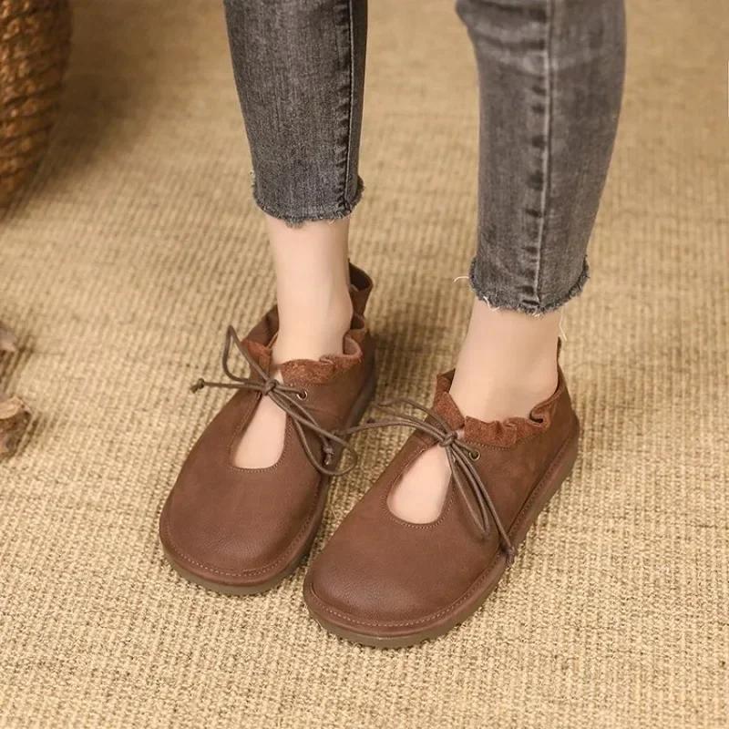 Genuine Leather Women's Shoes Autumn/Spring Flats  Plus Size Casual Shoes Lace Up Fashion  Antislip Shoes