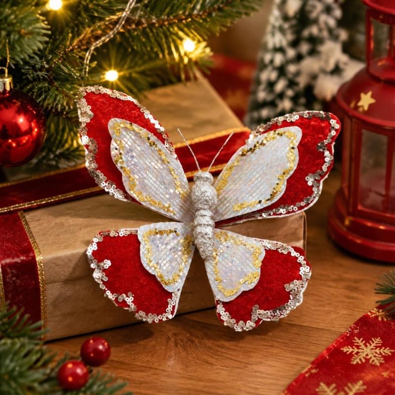 Sparkling Butterfly Decoration with Sculpted Profile and Attached Loop for Christmas Backrops Holiday Tree and Mantel Displays