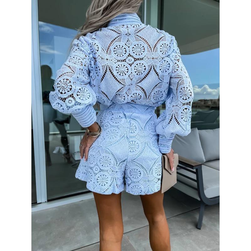 VEZFAA Women's Fashion Casual Spring Autumn Solid Color Print Long Sleeve POLO Neck Trousers Pants Suits