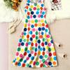Vestido feminino sem mangas com estampa de bolinhas coloridas, saia longa casual de verão