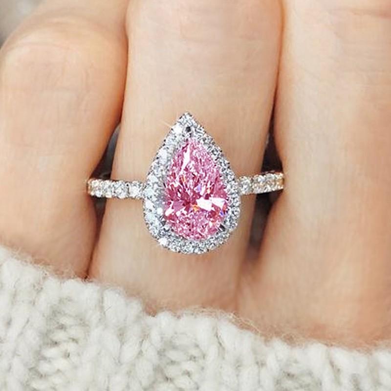 Pink/Crystal Waterdrop Cubic Zircon Rings for Women Classic Design Eternity Wedding Engagement Rings Silver Color Jewelry
