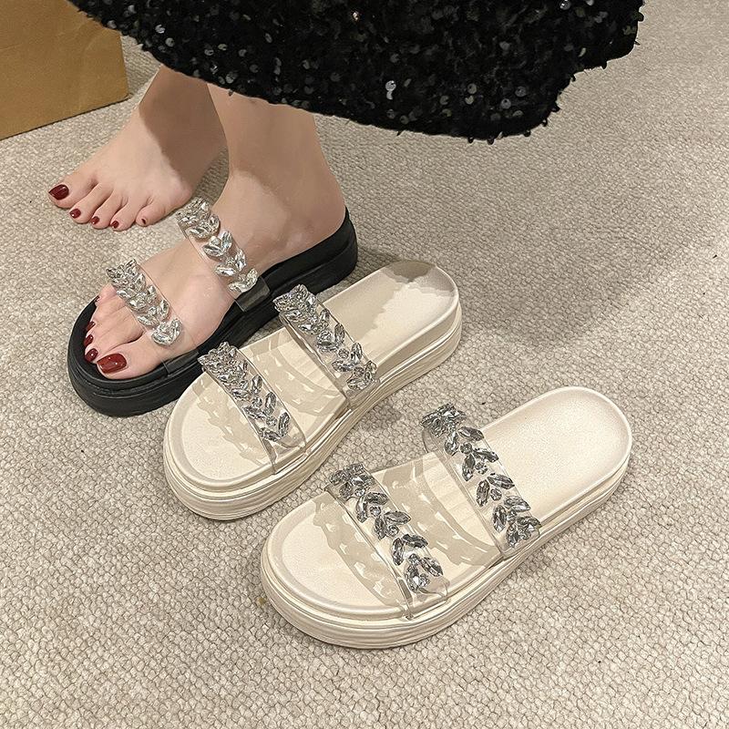 Rhinestone Transparent Belt One-word Cool Slippers Fairy Shoes Wear 2025 Summer Thick-soled Height-increasing Small Slippers