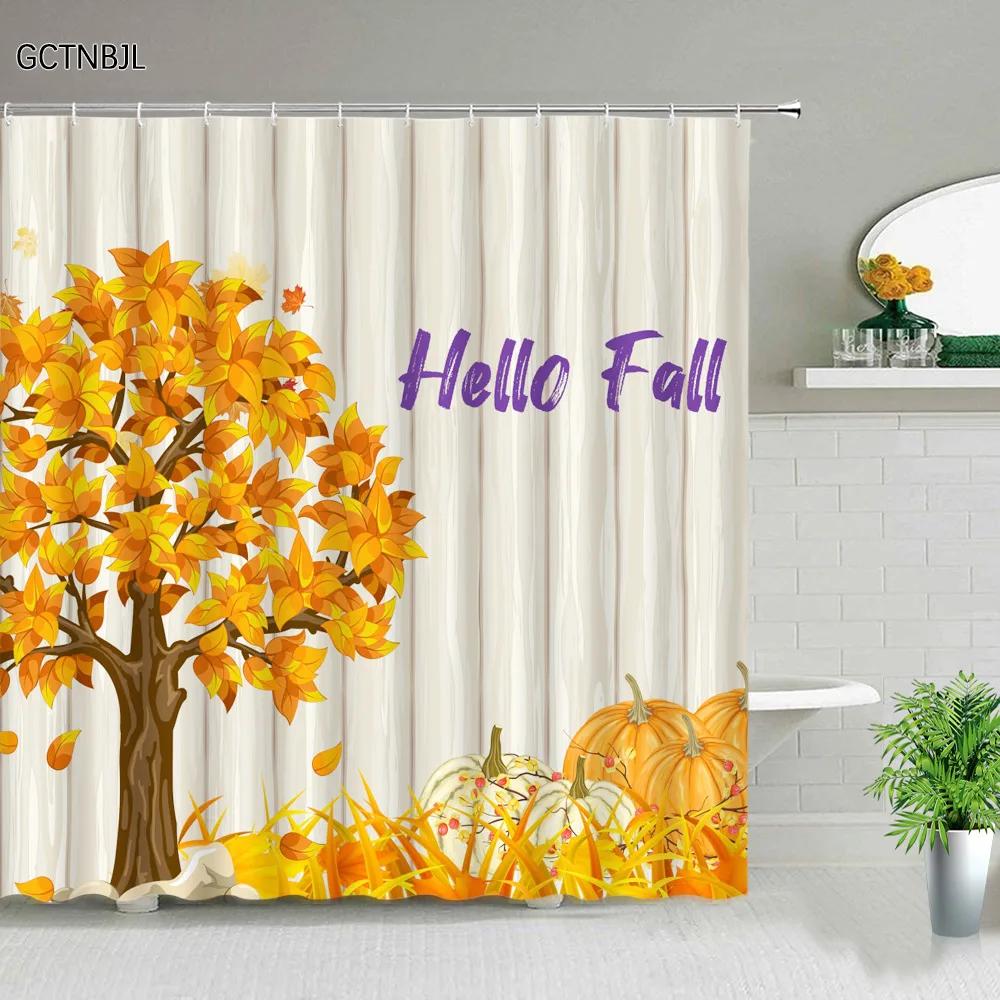 Fall Shower Curtain Set Autumn Forest Landscape Maple Leaves Fabric Decor Bath Curtain Thanksgiving Scenery Pumpkins Harvest