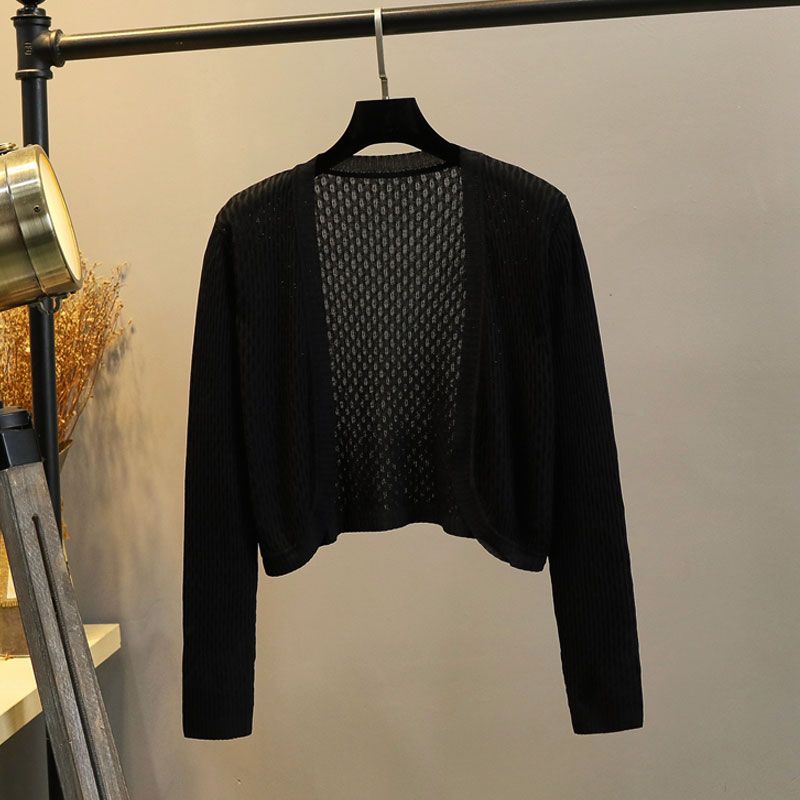 

Вязаный кардиган женский короткий кейп летний новинка тонкий на бретелях платье верхняя одежда ледяной шелк защита от солнца рубашка для помещений с кондиционером Black S