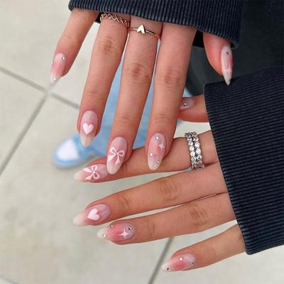 24 Stück Süße Rosa Mandel Falsche Nägel Stiletto Rosa Schleife Französische Niedliche Perlen Schleifen Falsche Nägel Mädchen Frauen Tragbare Maniküre
