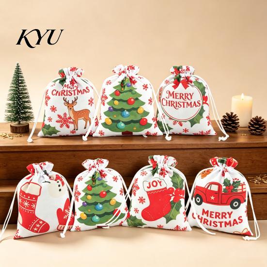 Christmas Eve Gift Wraps 2Pcs Drawstring Bags, Xmas Tree Reindeer Printed Candy Treat Small Goodie Bags Pouches, Reusable Fabric Holiday Party