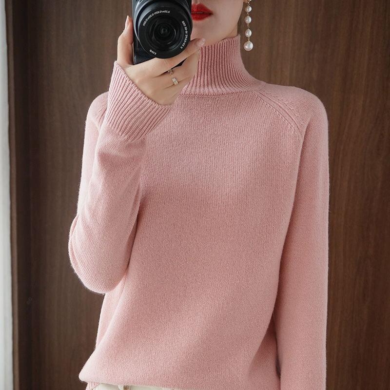 Women's Autumn Winter Plus-Size High Stand-Collar Solid Color Pullover Sweater - Loose Versatile Knit Base Layer