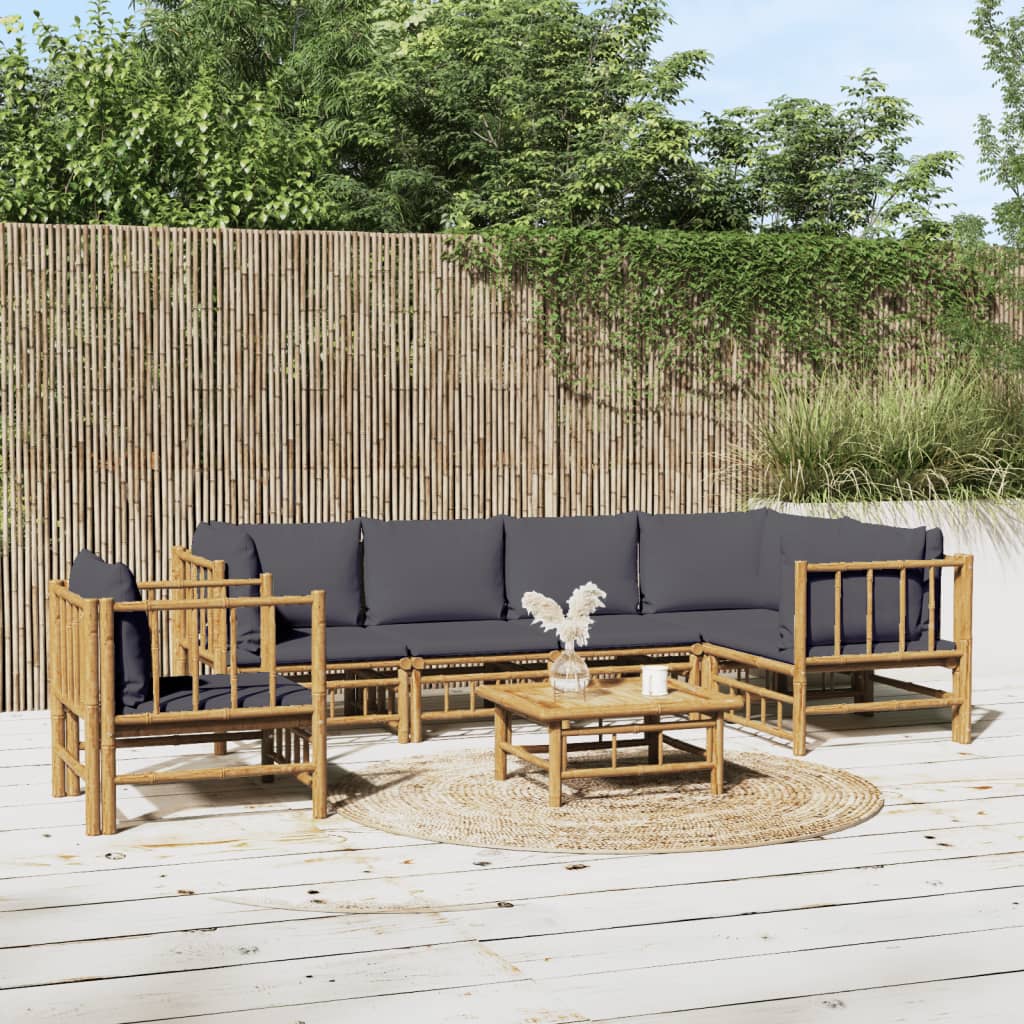Vidaxl 7-Cz. Gartenmöbel-Set, Dunkelgraue Kissen, Bambus