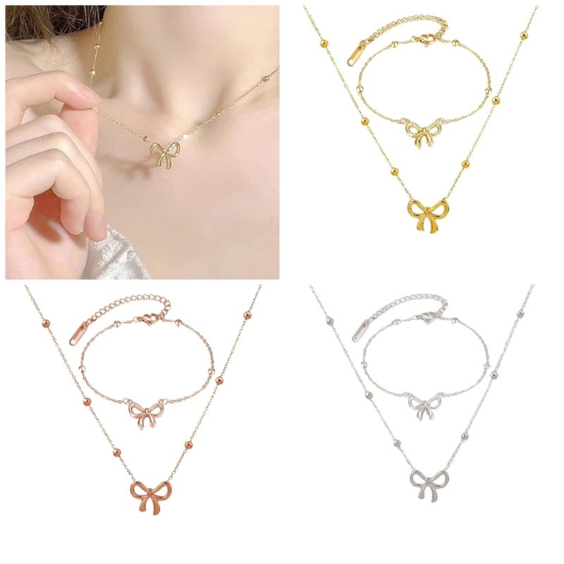 Fashionable Steel Jewelry Set Featuring Butterfly Bowknot Pendant Elegant Necklace And Bracelet For Everyday Wear