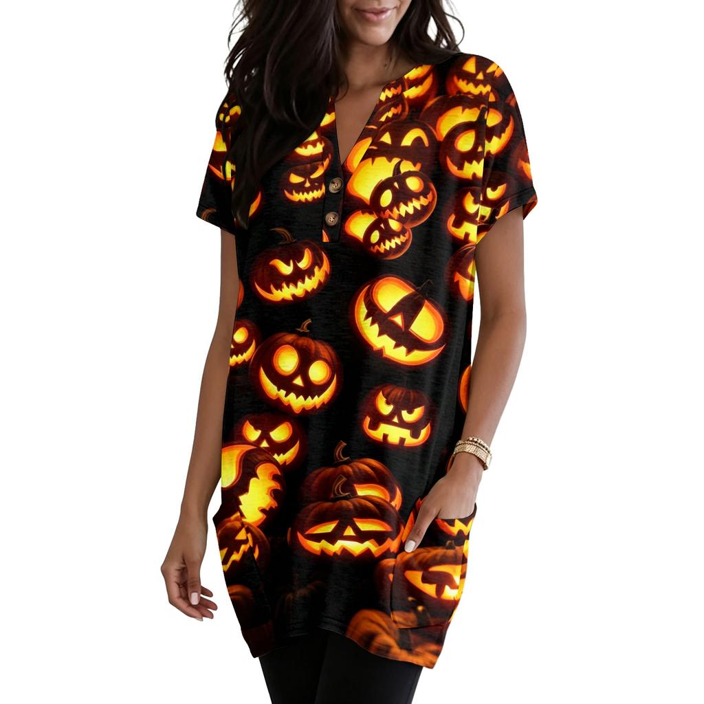 Women's Halloween V-Neck Short Sleeve T-Shirt with Pocket, Pullover Top, Printed Graphic Tee