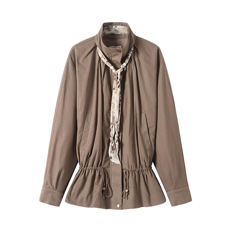 Women s Cotton Linen Drawstring Waist Stand Collar Jacket L